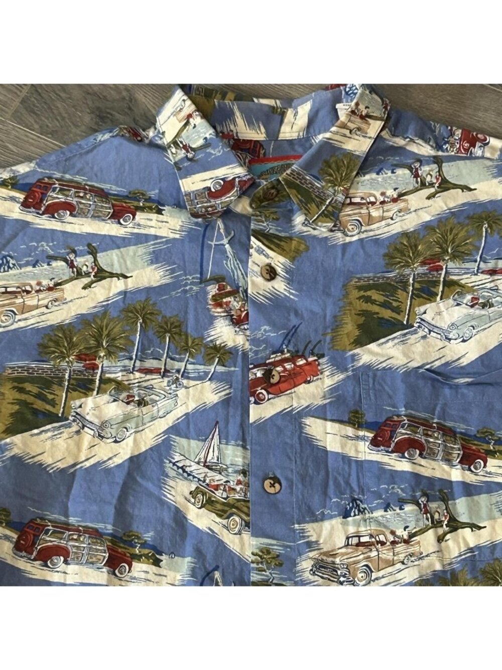 Reyn Spooner Shirt Mens XL Blue Woody Car Surf Hawaiian Aloha Cotton Button Up